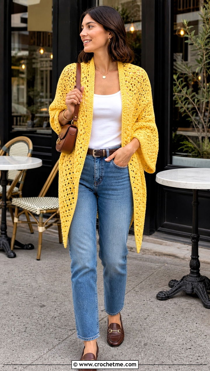 Triangle Crochet Shawl With Sleeves And Straight Leg Jeans - 35 crochet shawl with sleeves outfit ideas