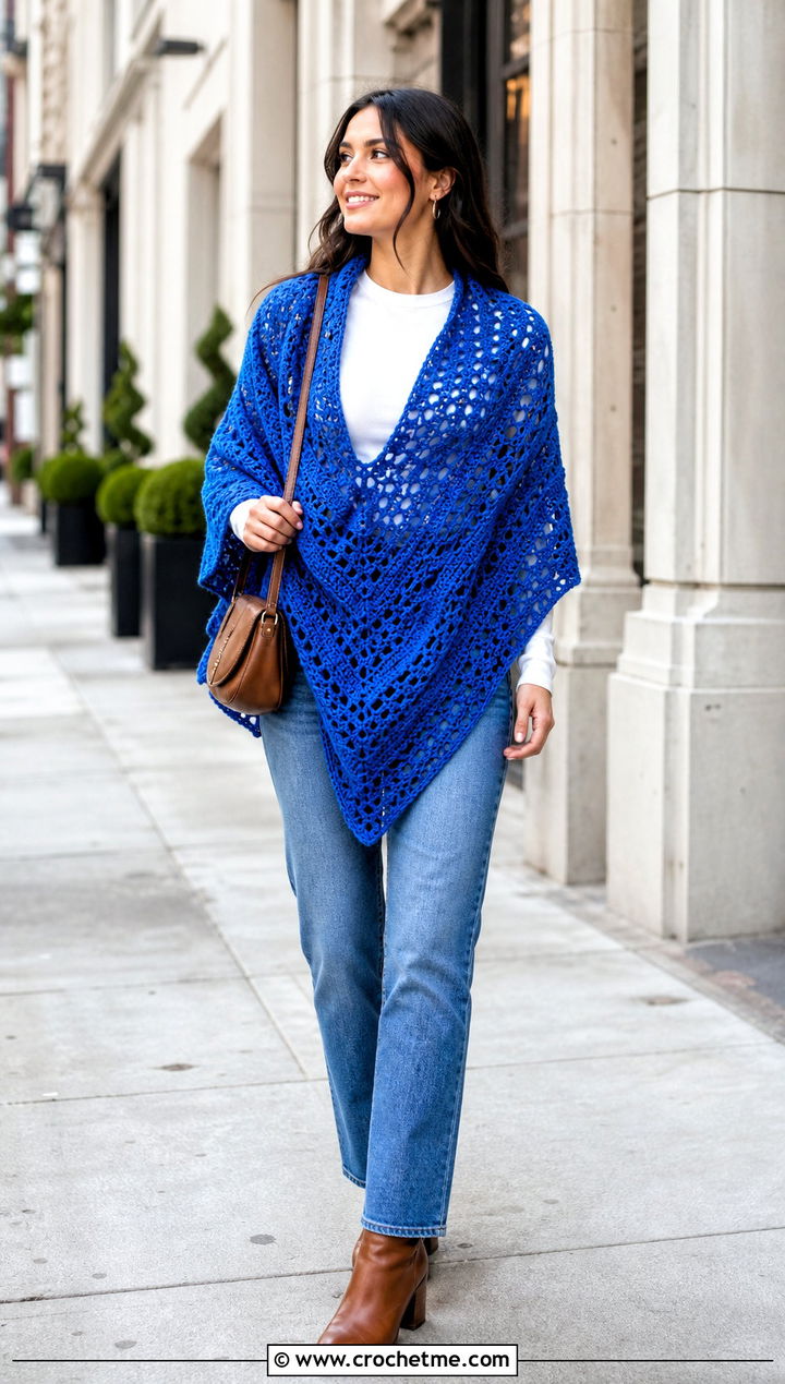 Triangle Crochet Shawl With Straight Leg Jeans - 30 crochet shawl wraps outfit ideas