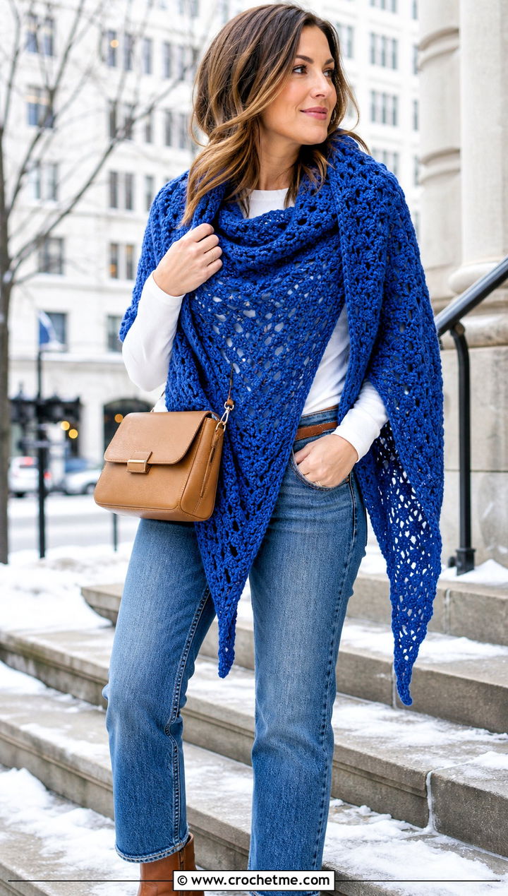 Triangle Crochet Shawl With Straight Leg Jeans - 30 winter crochet shawl outfit ideas