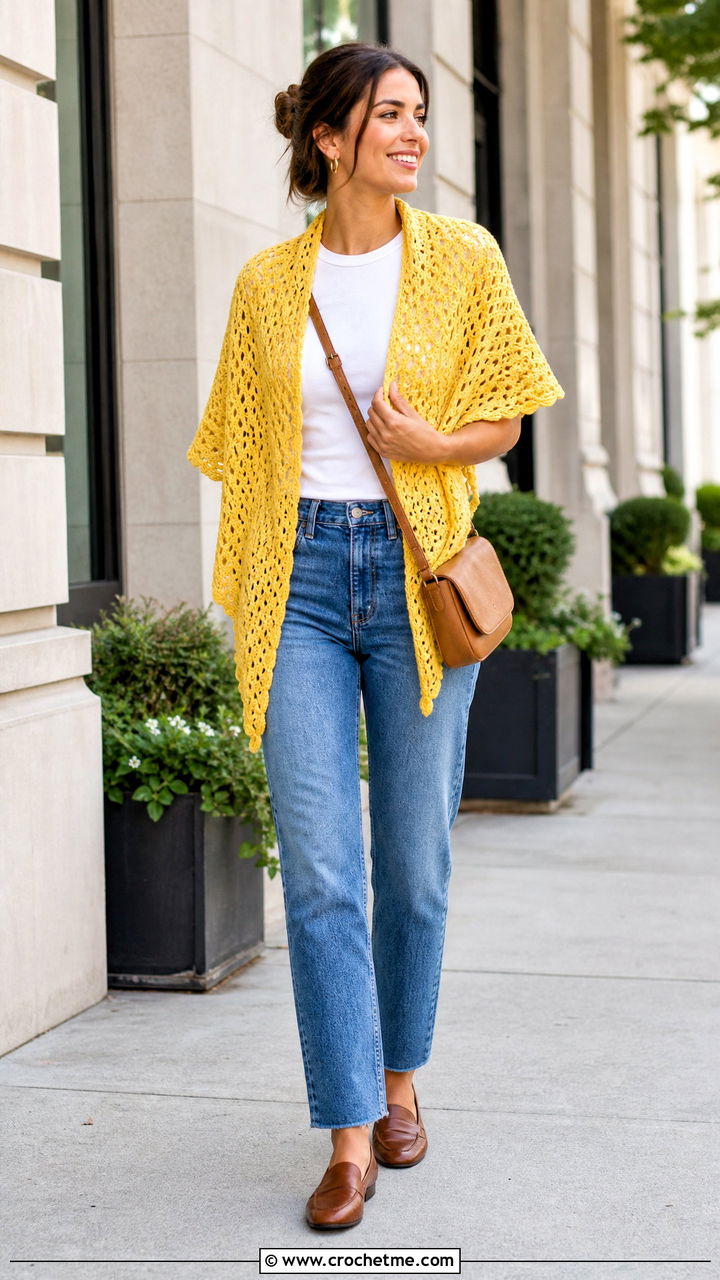 Triangle Crochet Shawl With Straight Leg Jeans - 35 crochet shawls and wraps outfit ideas