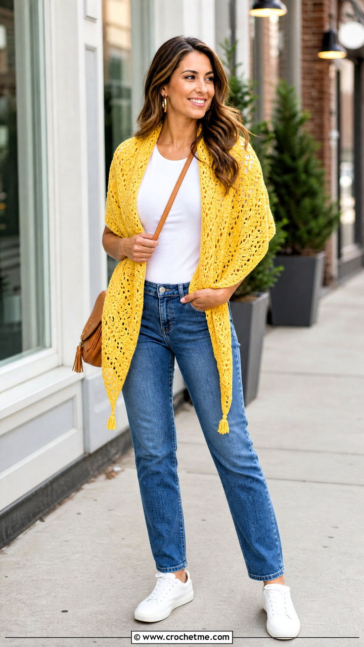 Triangle Crochet Shawl With Straight Leg Jeans - 35 easy simple crochet shawl outfit ideas