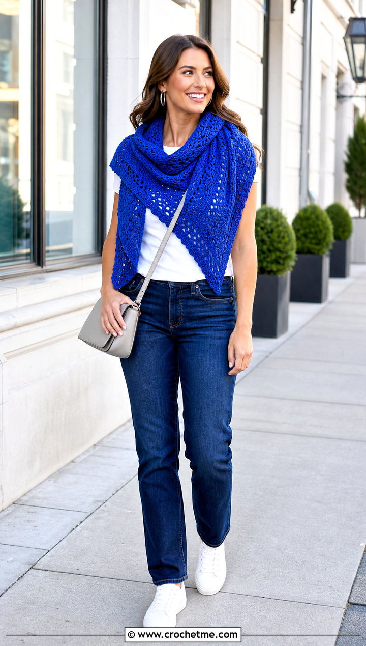 Triangle Crochet Shawl With Straight Leg Jeans - 20 Crochet Shawl Worsted Weight Yarn outfit ideas