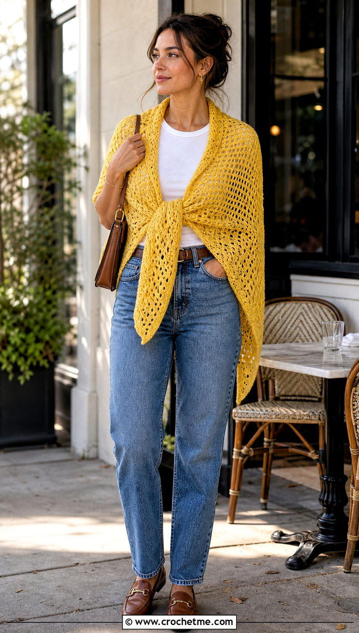 Triangle Crochet Shawl With Straight Leg Jeans - 30 crochet shawl wrap outfit ideas