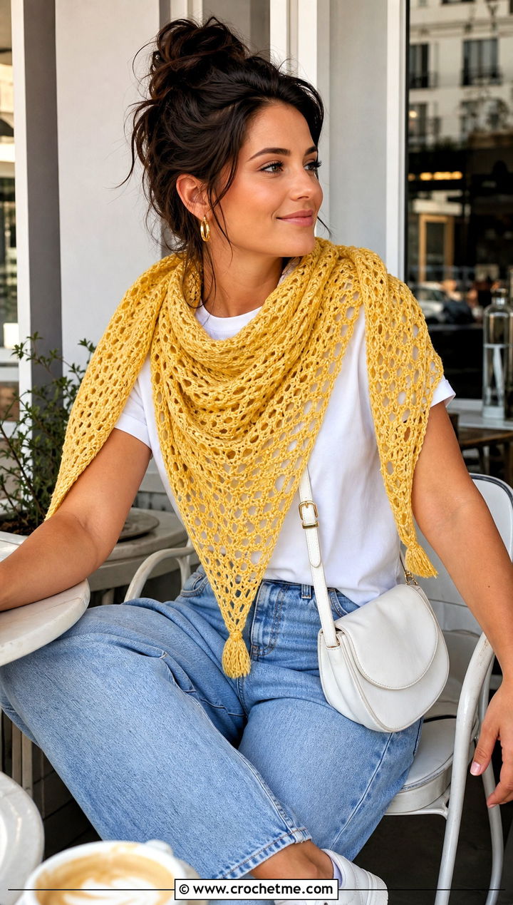 Triangle Crochet Shawl With T Shirt And Straight Leg Jeans - 15 Easy Crochet Shawls outfit ideas