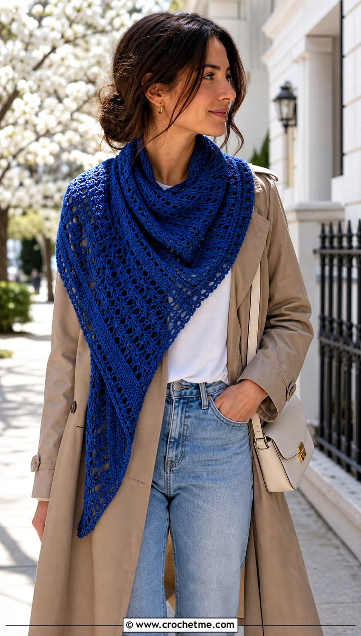 Triangle Crochet Shawl With Trench Coat And Jeans - 25 Spring Crochet Shawl outfit ideas
