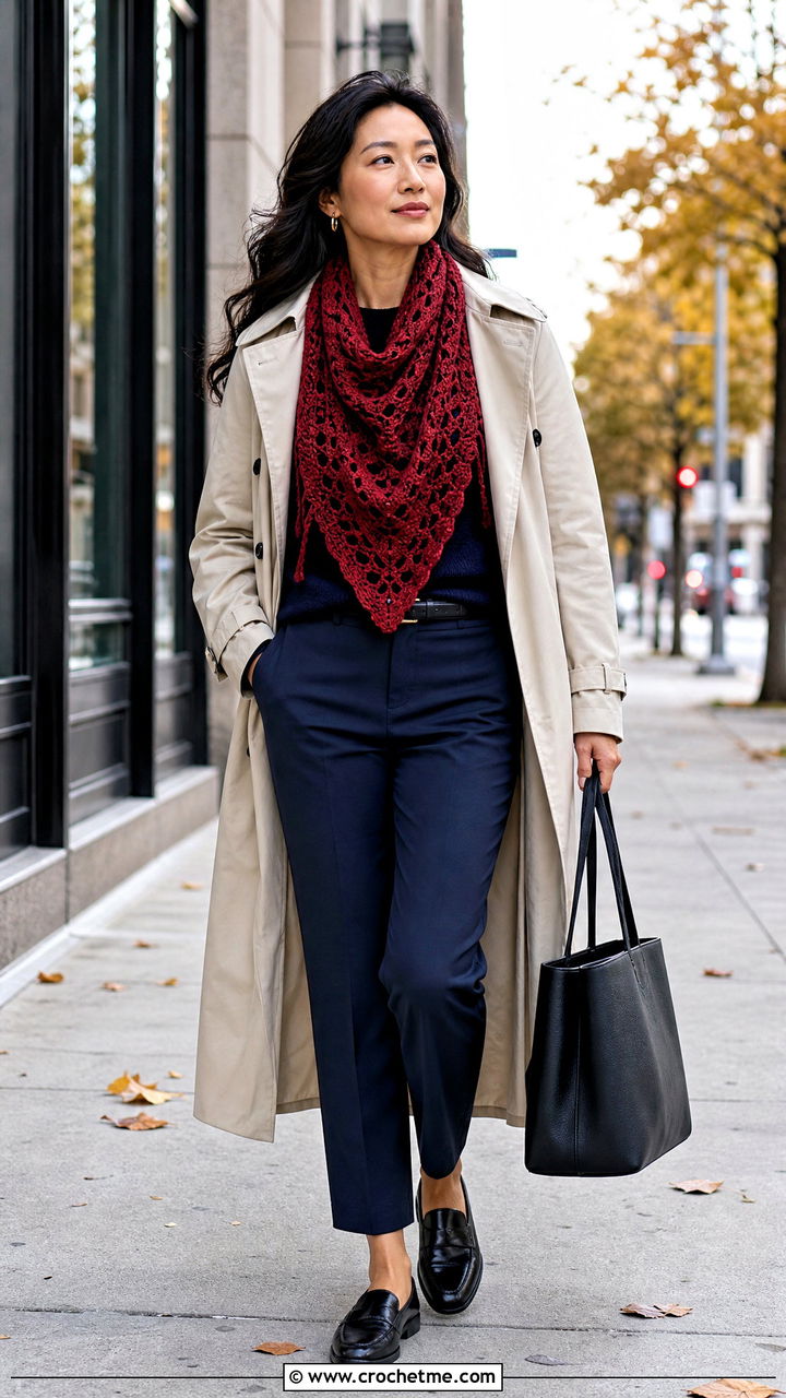 Triangle Crochet Shawl With Trench Coat - 35 crochet fall clothes and outfit ideas