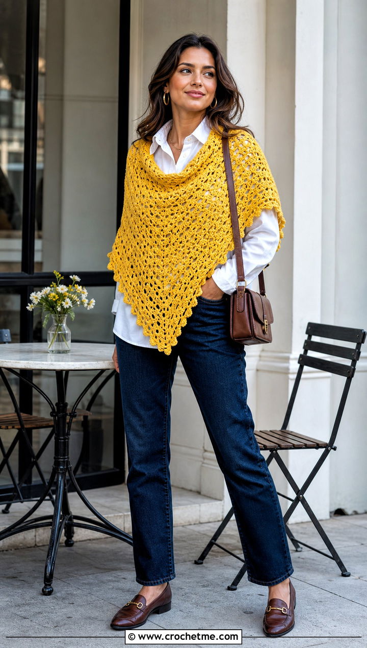 Triangle Crochet Shawl With White Shirt And Jeans - 15 Crochet Shawls And Ponchos outfit ideas