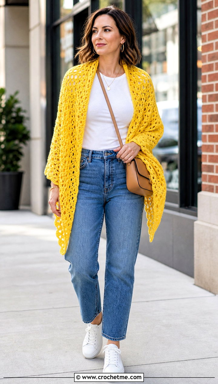 Triangle Crochet Shawl With White Tee And Jeans - 35 quick crochet shawl outfit ideas