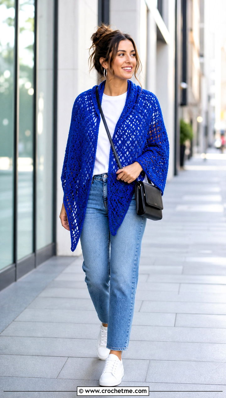 Triangle Crochet Shawl With White Tee And Jeans - 30 simple crochet shawls and wraps outfit ideas