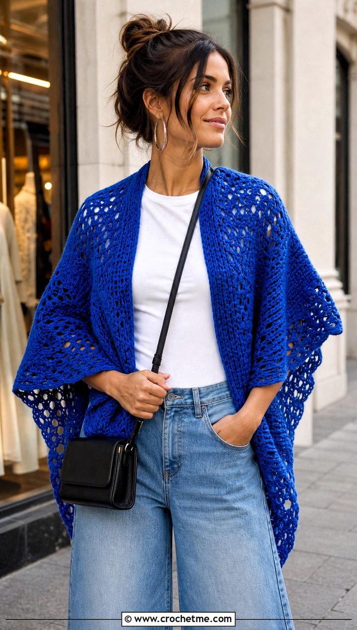 Triangle Crochet Shawl With Wide Leg Jeans - 20 Crochet For Shawls And Wraps outfit ideas
