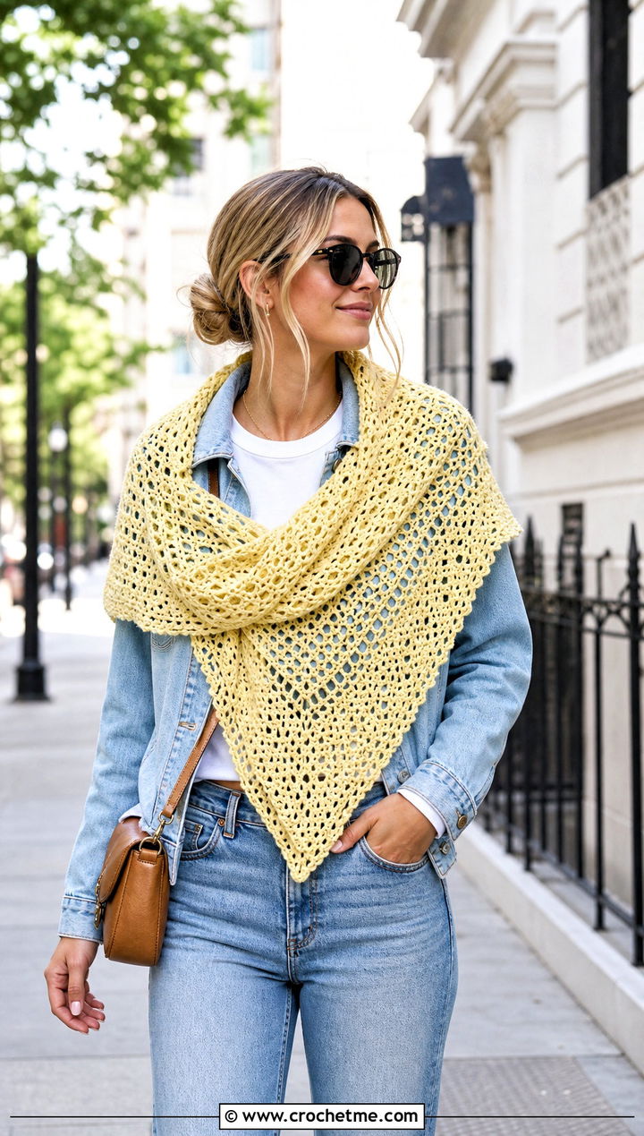 Triangle Crochet Shawl Wrap With Denim Jacket - 15 Crochet Wraps outfit ideas