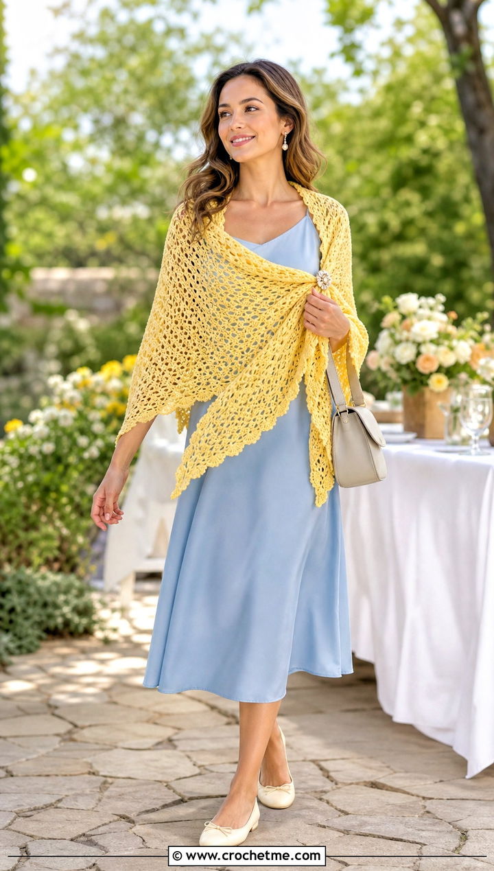 Triangle Crochet Shawl Wrap With Slip Dress And Ballet Flats - 15 Crochet Spring Wrap outfit ideas
