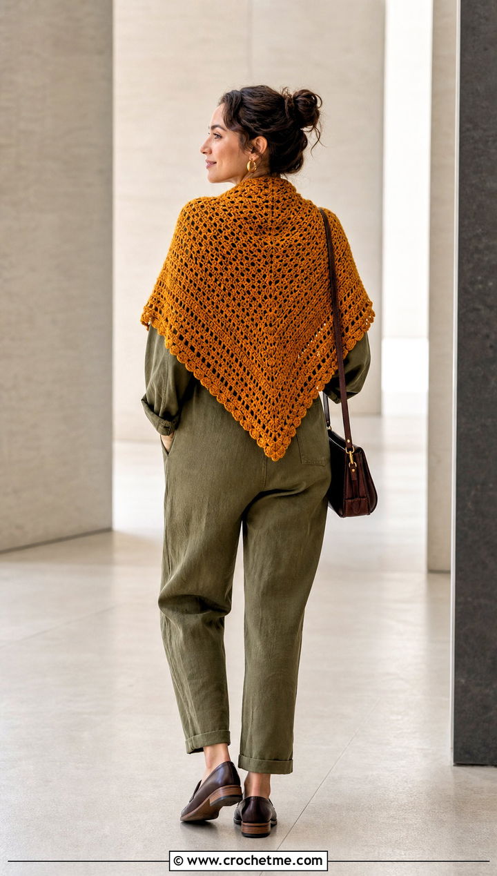 Triangle Crochet Sweater Shawl With Utility Jumpsuit - 25 crochet sweater shawl outfit ideas