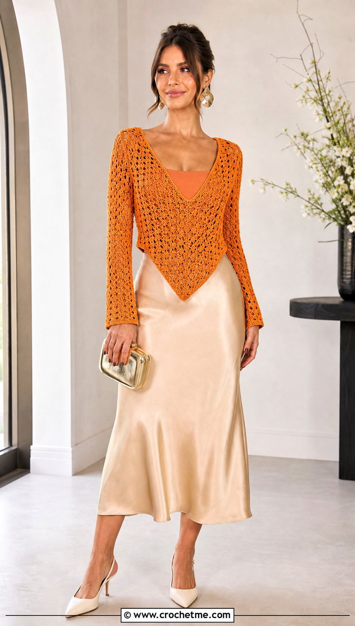 Triangle Crochet Sweater With Satin Midi Skirt - 15 crochet sweater with geometric outfit ideas