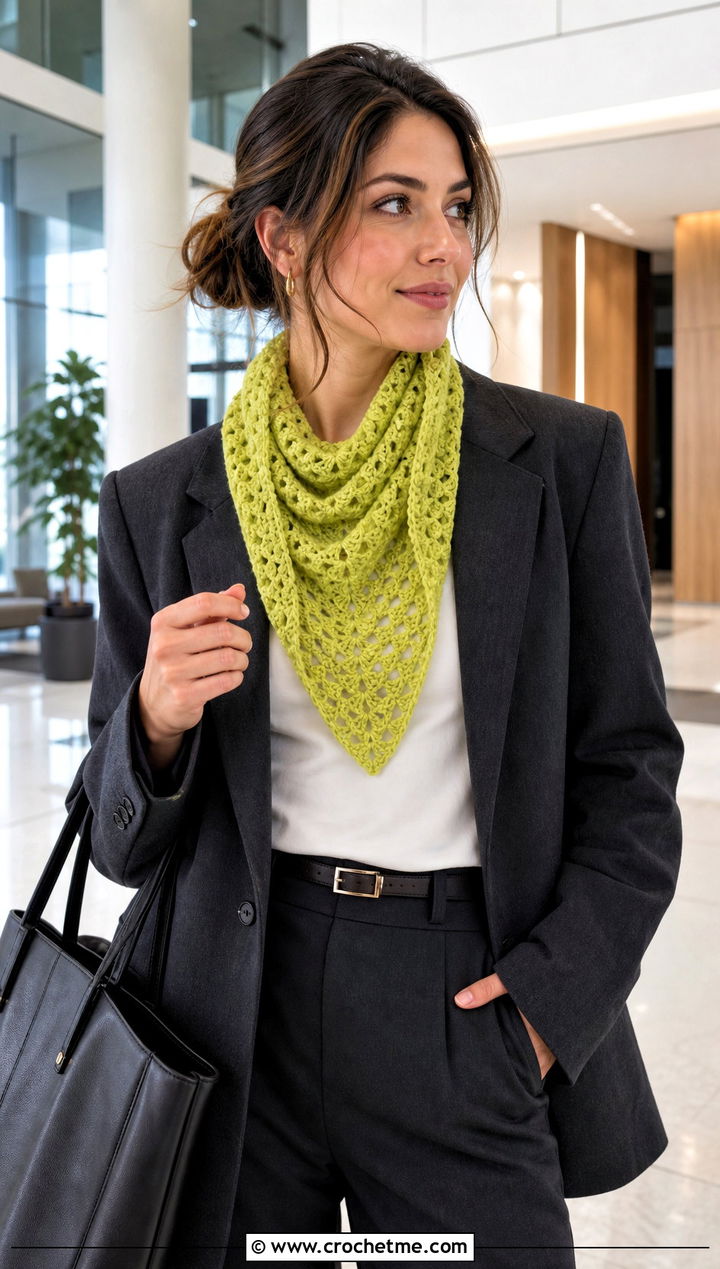 Triangle Crochet V Stitch Scarf With Blazer - 30 crochet v stitch scarf outfit ideas