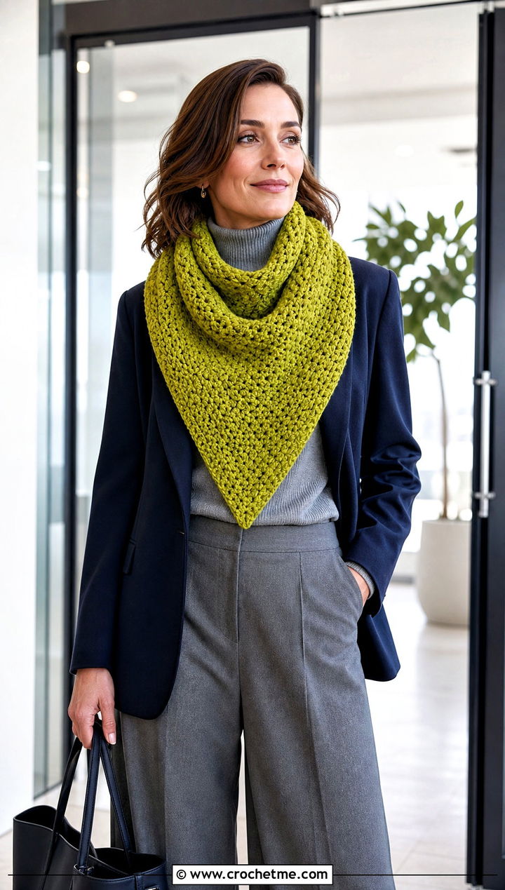 Triangle Crochet Winter Scarf With Blazer And Trousers - 35 crochet winter scarf outfit ideas