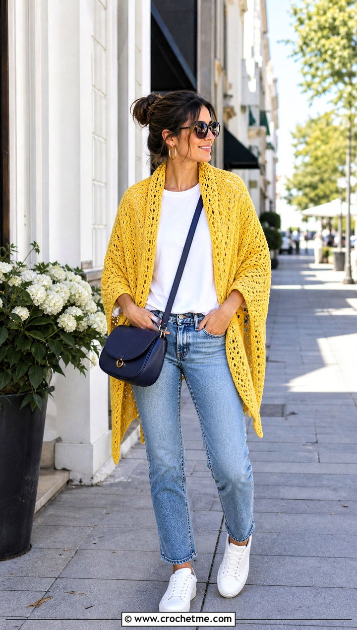 Triangle Crochet Wrap Shawl With Straight Leg Jeans - 35 crochet wrap shawl outfit ideas