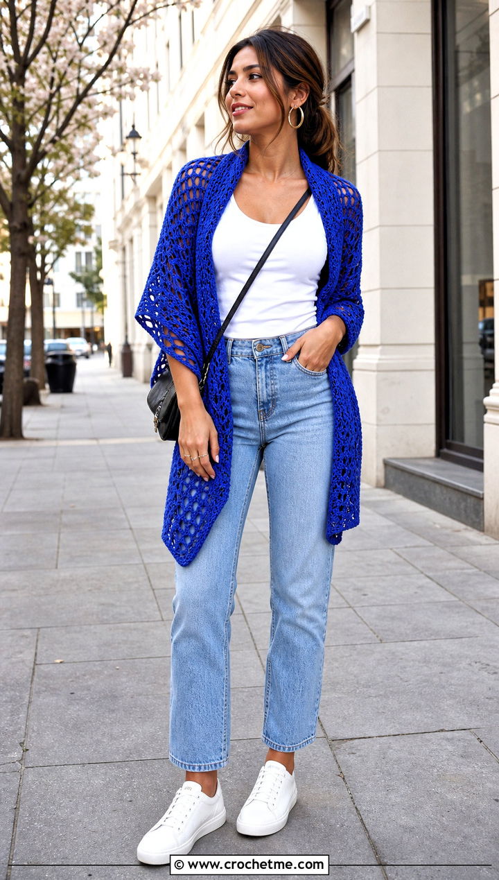 Triangle Crochet Wrap With Straight Leg Jeans - 15 Beginner Crochet Wrap outfit ideas