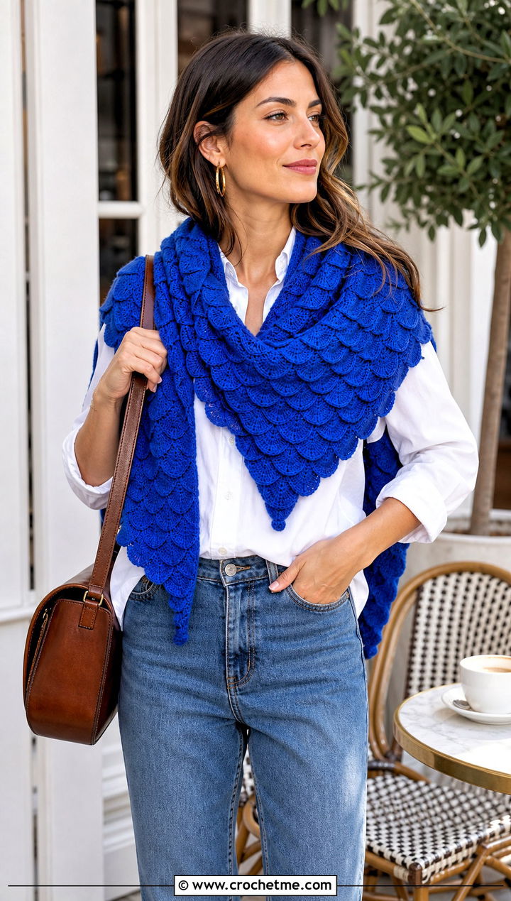 Triangle Crocodile Stitch Shawl With Straight Leg Jeans - 15 crocodile stitch crochet shawl outfit ideas