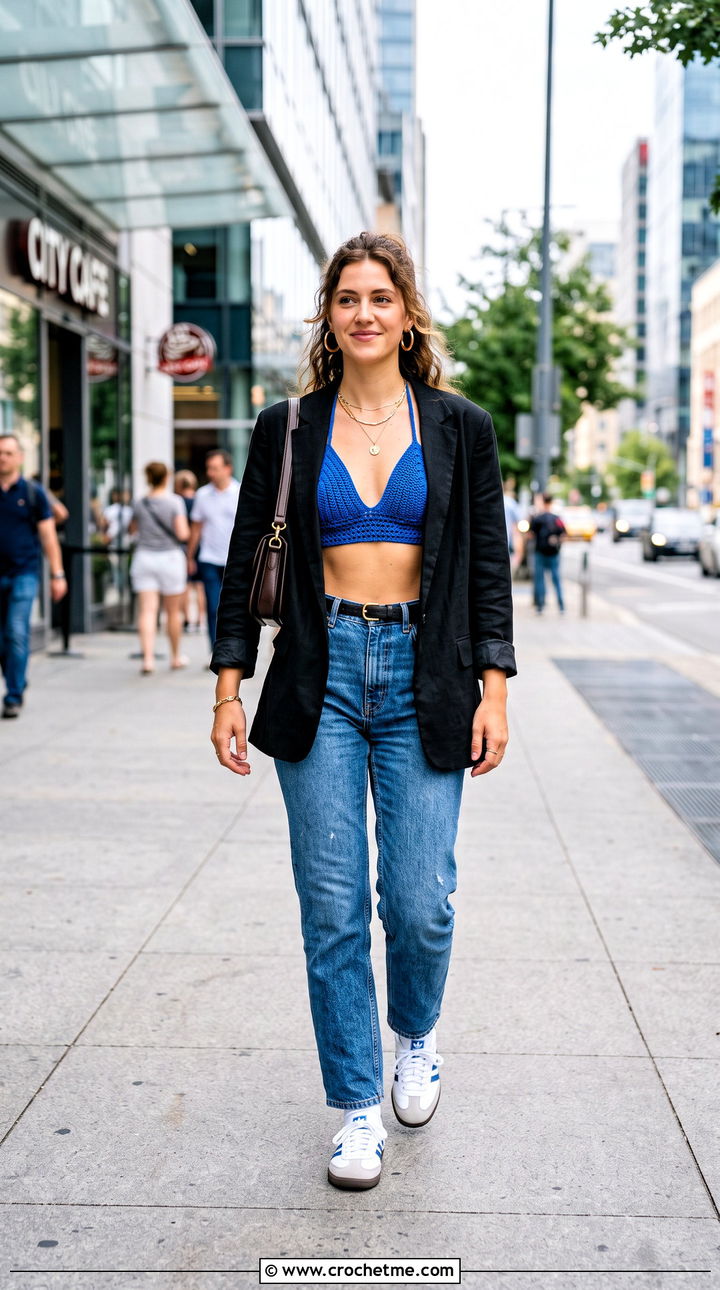 Triangle Cup Crochet Bralette With Straight Leg Jeans - 15 crochet bralette on hanger outfit ideas