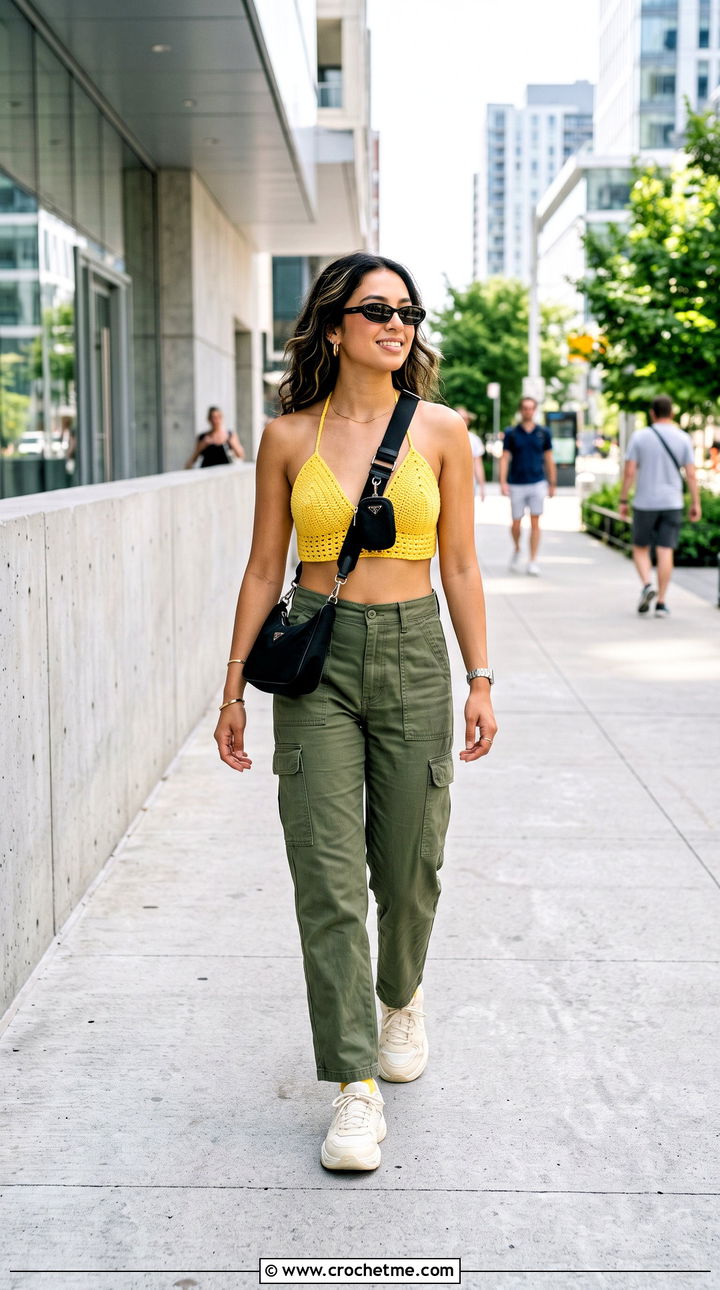 Triangle Cup Crochet Halter Neck Top With Cargo Pants - 30 crochet halter neck outfit ideas
