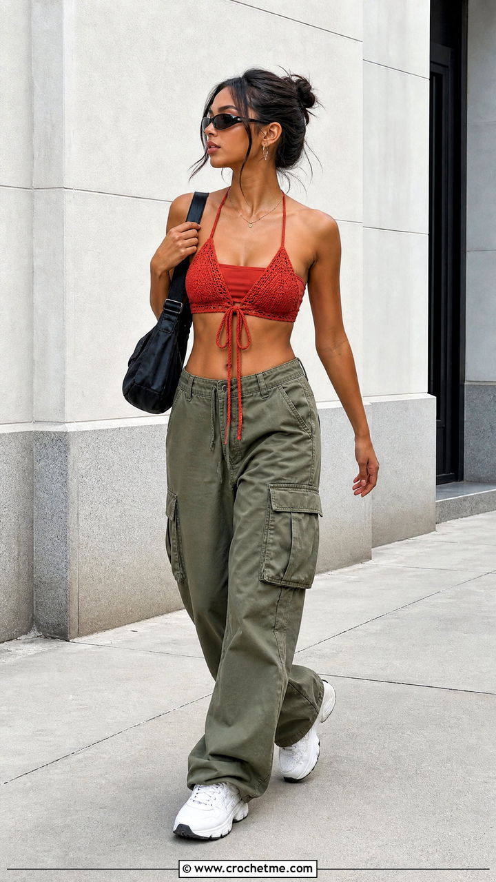 Triangle Cup Crochet Tie Top With Cargo Pants - 35 crochet tie top outfit ideas
