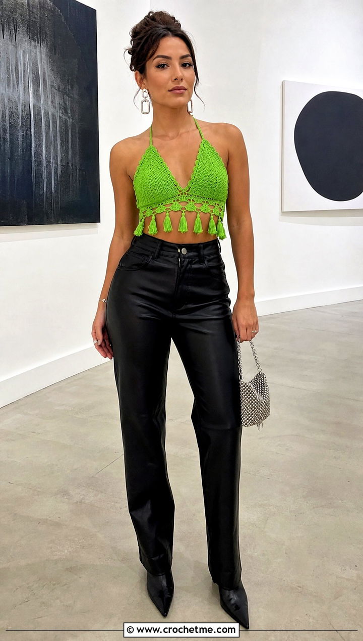 Triangle Cup Sophia Crop Top With Leather Pants - 15 Crochet Sophia Crop Top outfit ideas