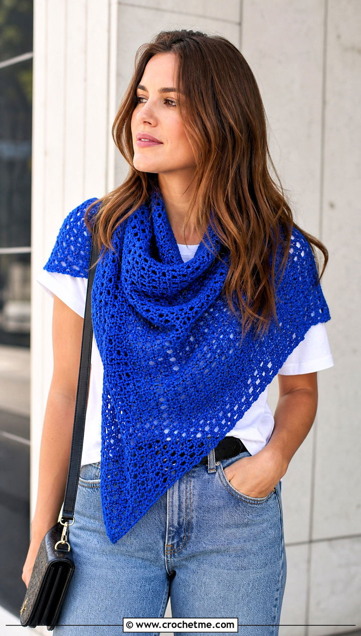 Triangle Double Crochet Shawl With Straight Leg Jeans - 20 Double Crochet Shawl outfit ideas