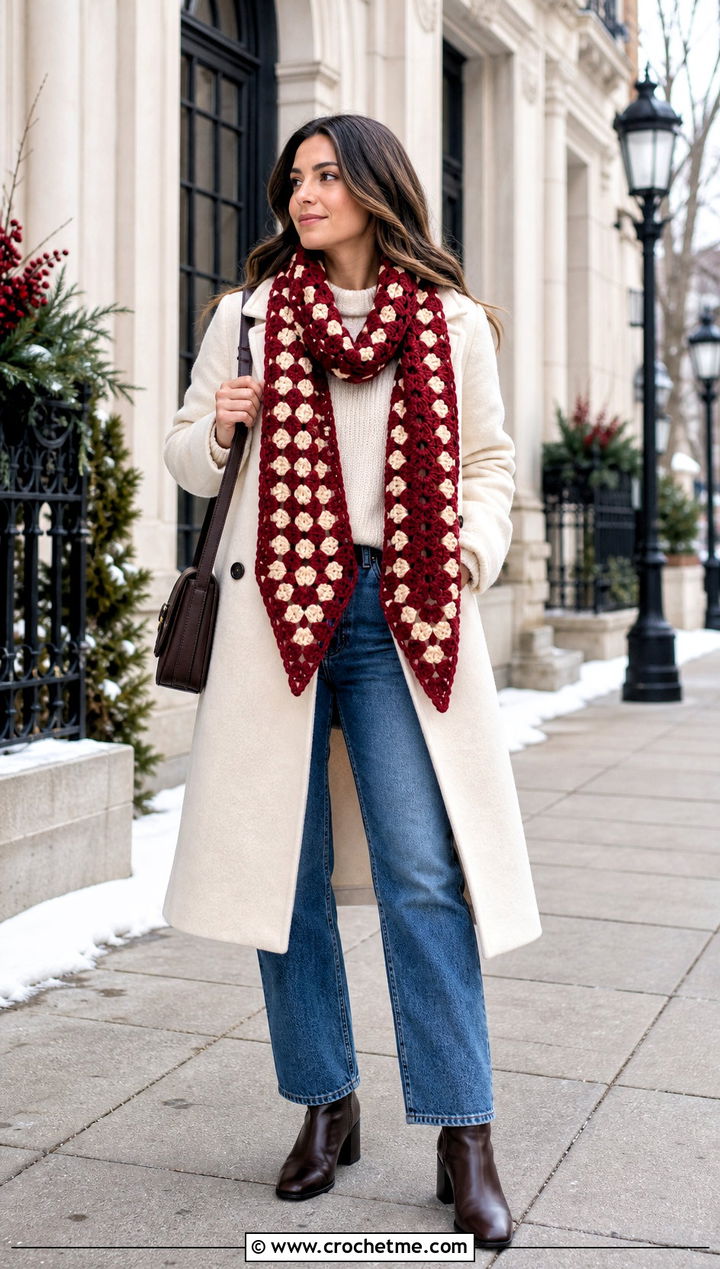 Triangle End Granny Square Scarf With Red Coat And Straight Jeans - 35 granny square crochet scarf outfit ideas