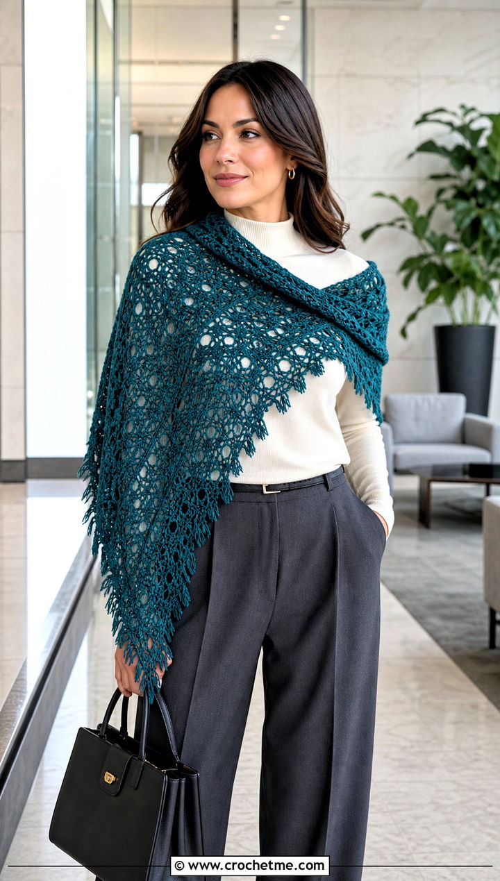 Triangle Feather Crochet Shawl With Wide Leg Trousers - 30 crochet feather shawl outfit ideas