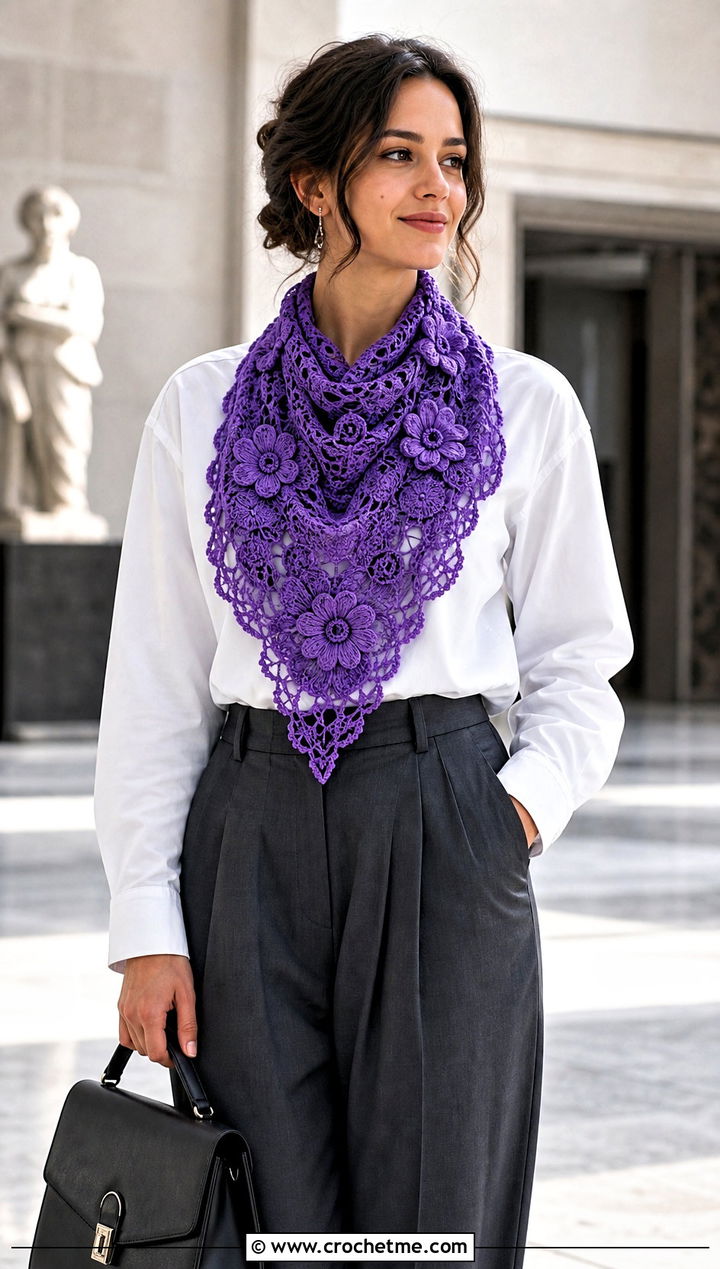 Triangle Flower Scarf With White Shirt - 30 crochet scarf with flowers outfit ideas