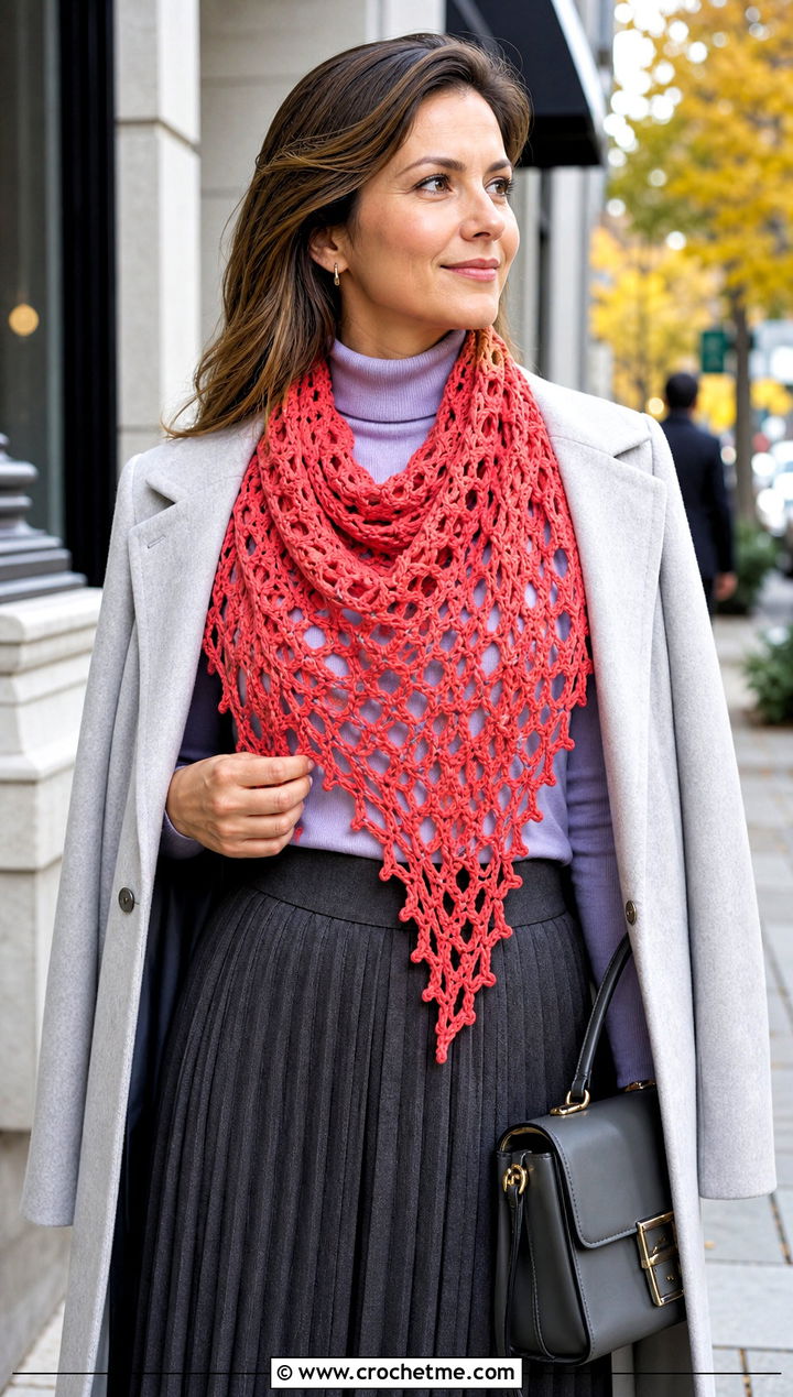 Triangle Freeform Crochet Scarf With Turtleneck And Pleated Skirt - 25 Freeform Crochet Scarf outfit ideas