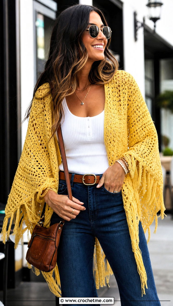 Triangle Fringe Crochet Boho Shawl With Flared Jeans - 30 crochet boho shawl outfit ideas