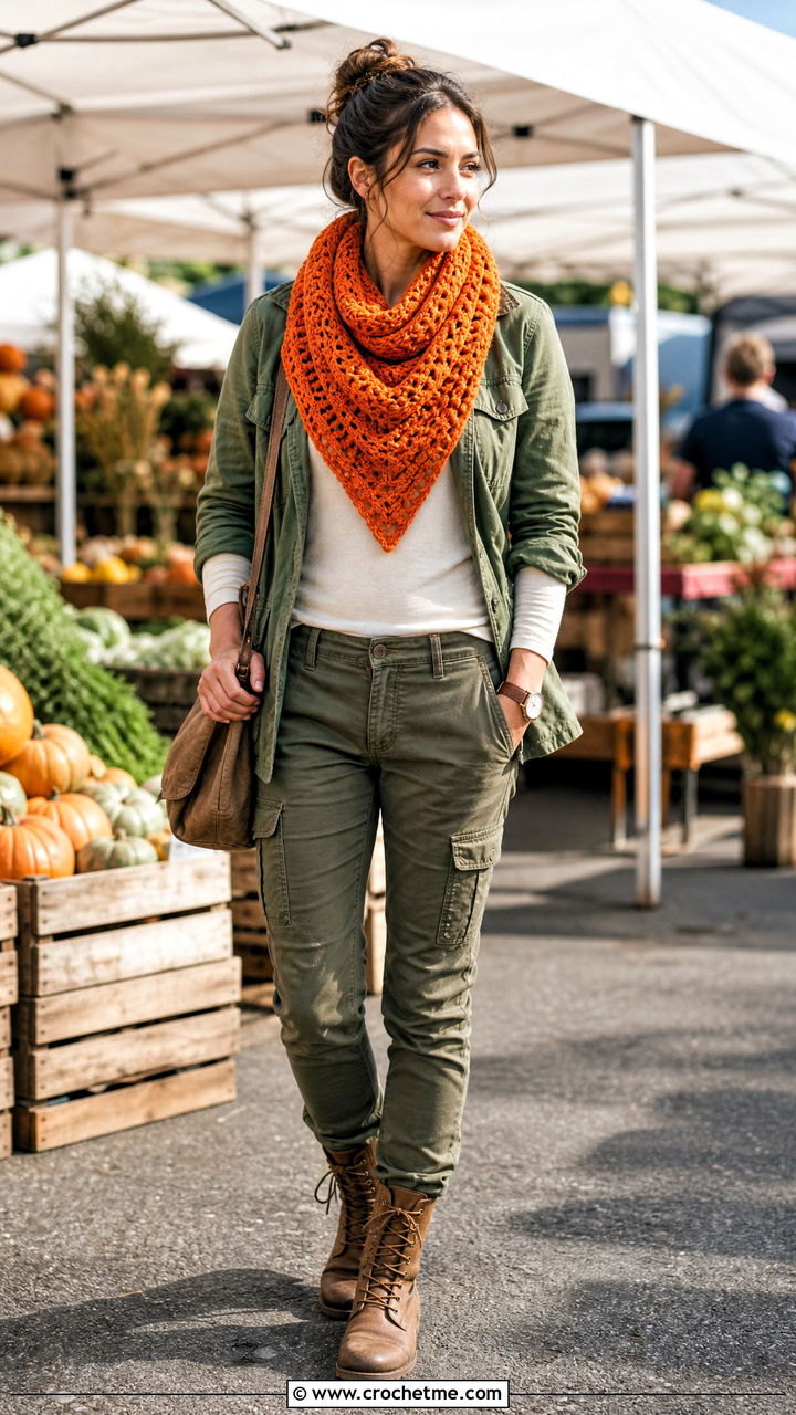 Triangle Front Crochet Cowl Scarf With Utility Jacket - 35 crochet cowell scarf outfit ideas