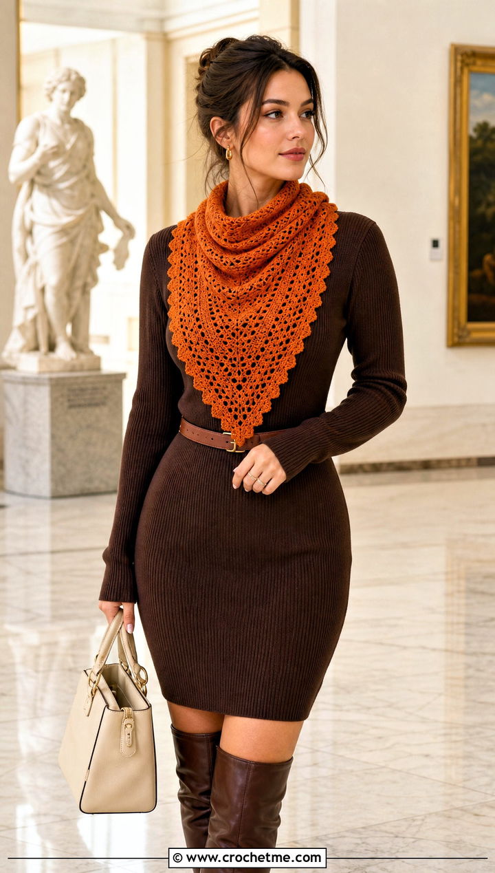 Triangle Front Crochet Cowl With Sweater Dress And Boots - 15 Crochet For Cowl Scarf outfit ideas