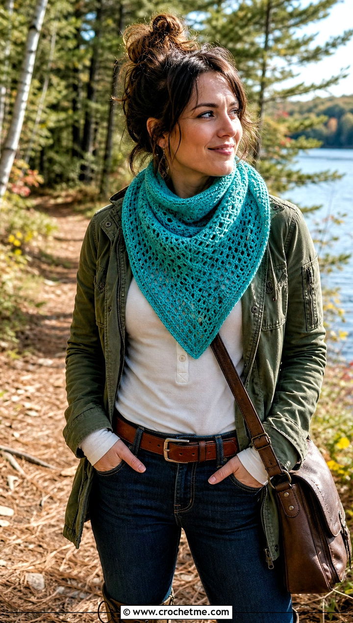 Triangle Front Crochet Snood Scarf With Utility Jacket - 25 snood crochet scarf outfit ideas