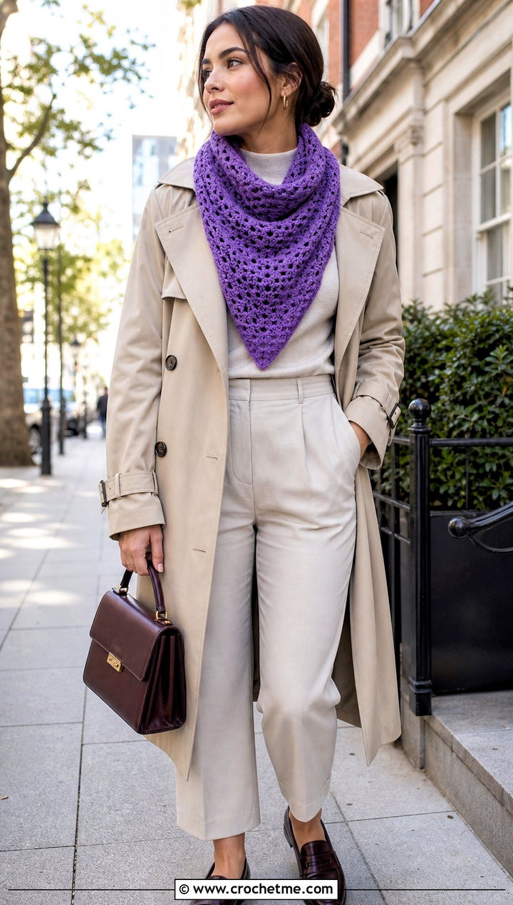 Triangle Front Crocheted Cowl With Trench Coat And Loafers - 25 Crocheted Cowl outfit ideas