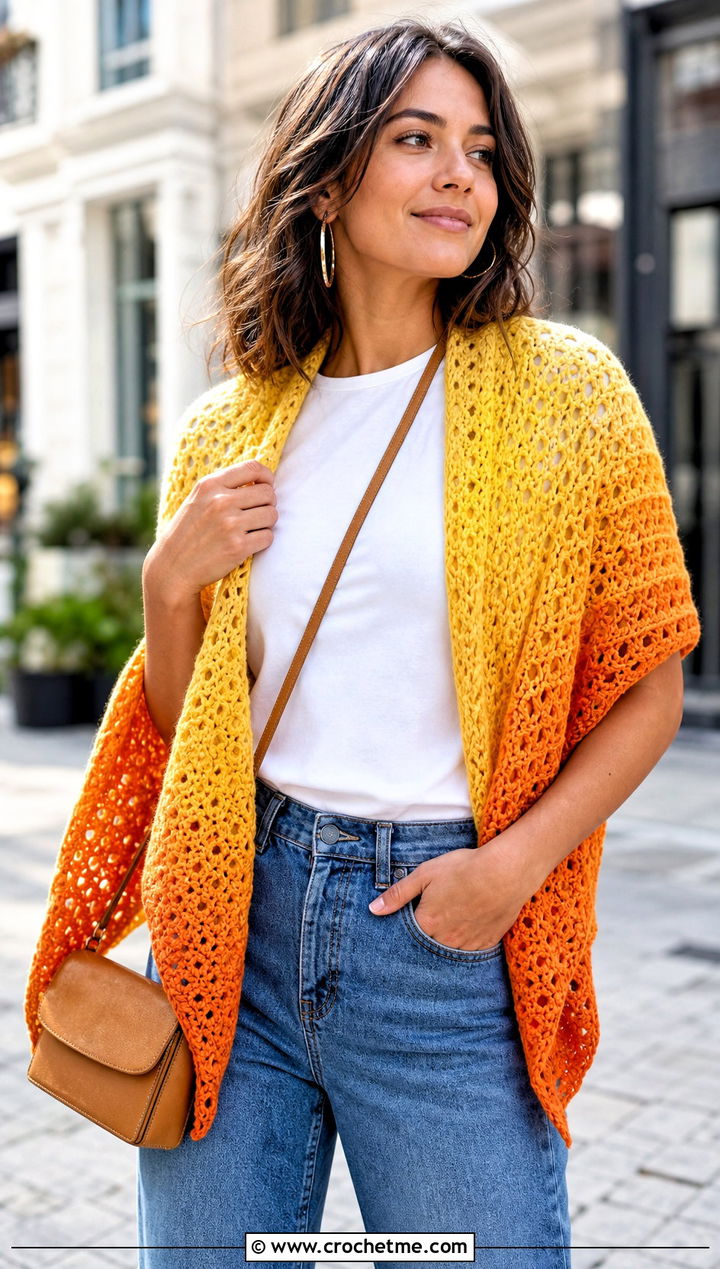Triangle Gradient Shawl With Straight Leg Jeans - 15 Crochet Gradient Shawl outfit ideas
