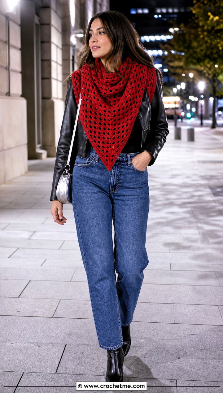 Triangle Granny Scarf With Leather Jacket - 35 granny crochet scarf outfit ideas
