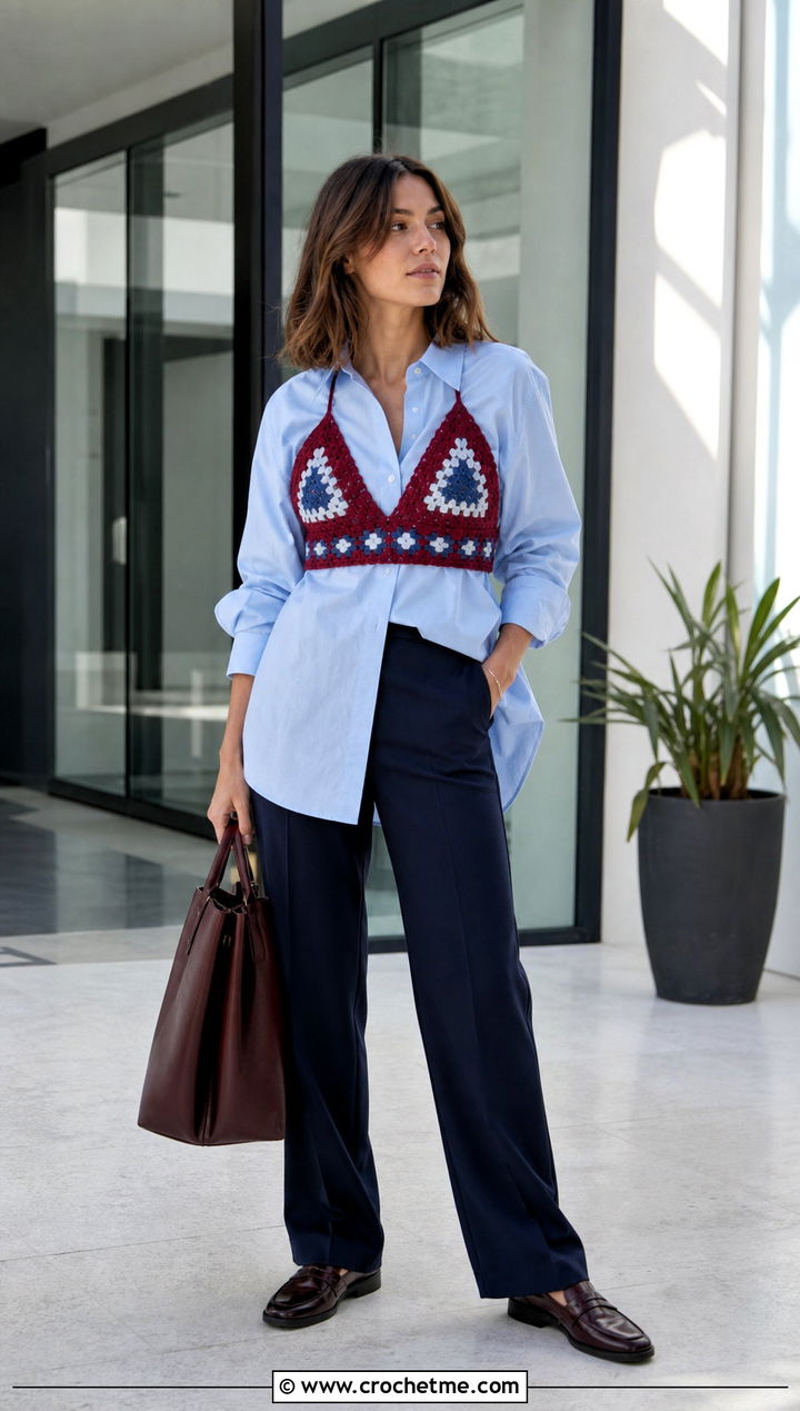 Triangle Granny Square Bandeau Top With Button Down Shirt - 30 triangle granny square top outfit ideas