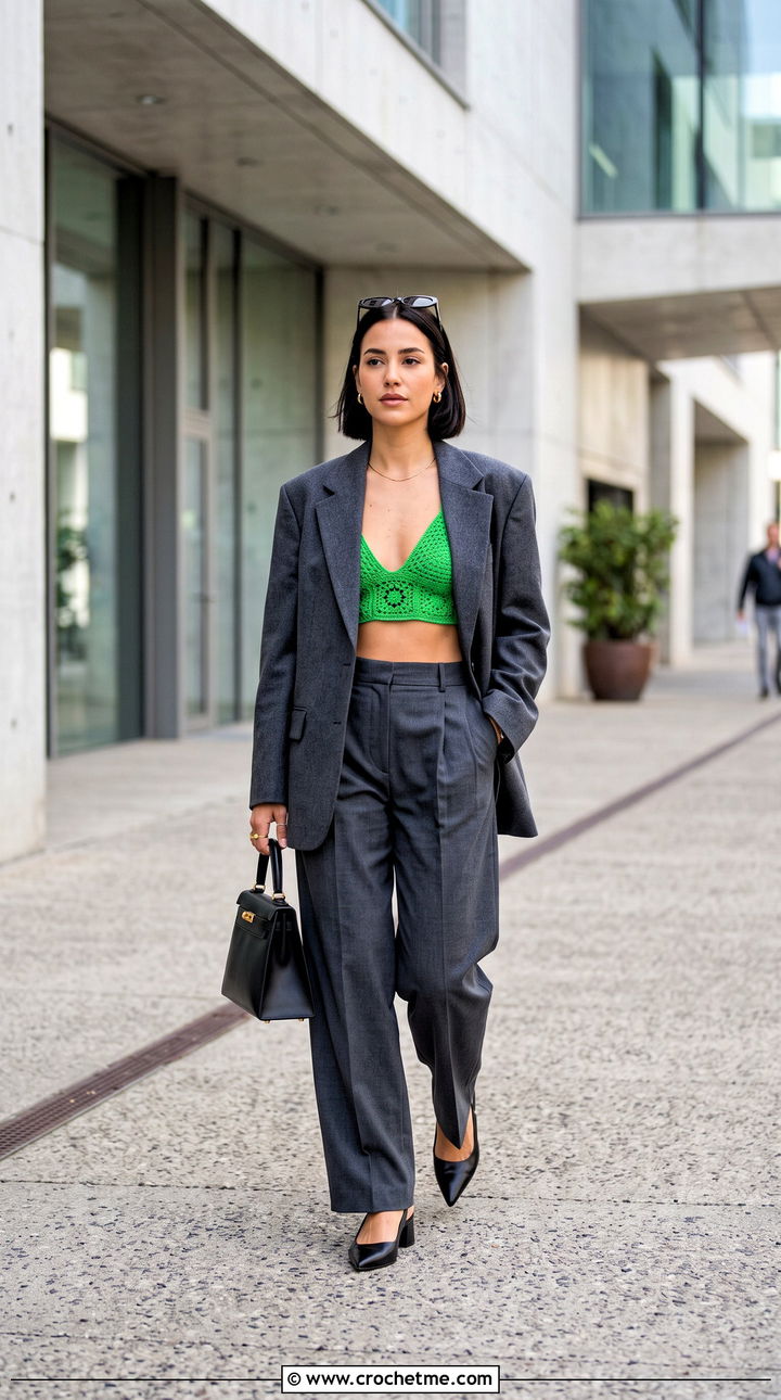 Triangle Granny Square Bralette Top With Oversized Blazer - 30 triangle granny square top outfit ideas