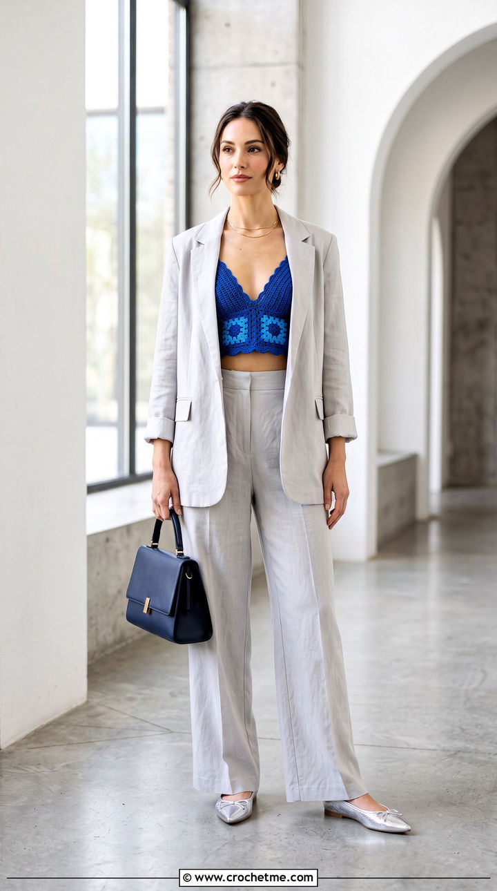 Triangle Granny Square Bralette Top With Relaxed Suit - 30 triangle granny square top outfit ideas