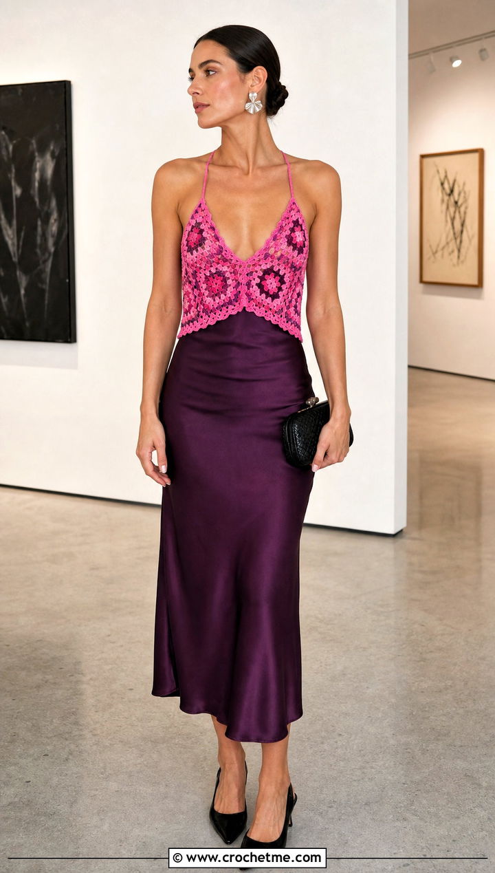 Triangle Granny Square Camisole Top With Satin Skirt - 30 triangle granny square top outfit ideas