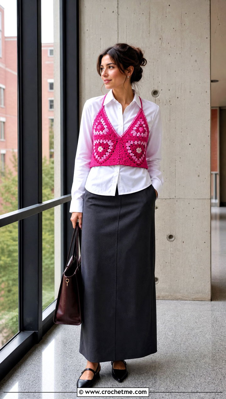 Triangle Granny Square Crop Top With A Poplin Shirt And Maxi Skirt - 35 granny square crochet top outfit ideas
