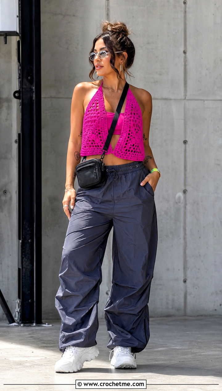 Triangle Granny Square Crop Top With Parachute Pants - 30 triangle granny square top outfit ideas