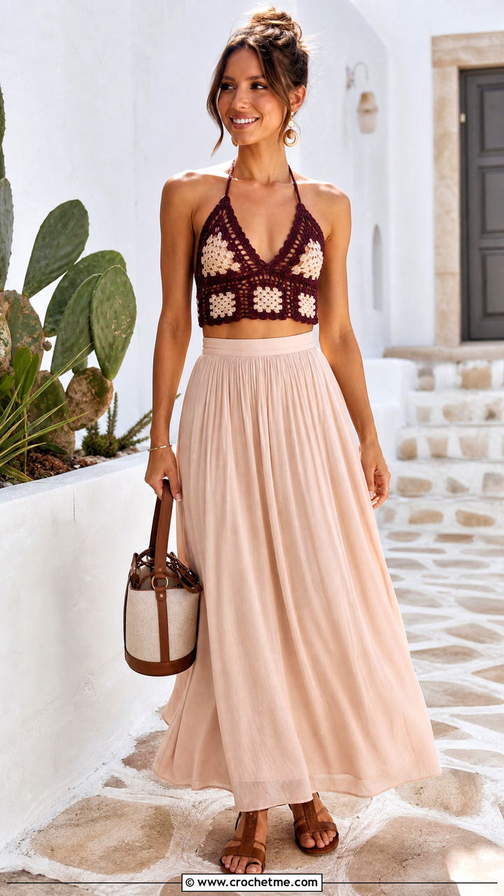 Triangle Granny Square Halter Top With Maxi Skirt - 35 granny square tops outfit ideas