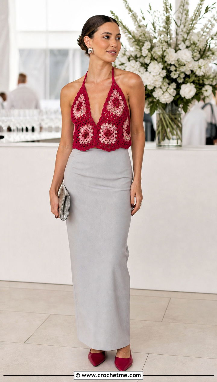 Triangle Granny Square Halter Top With Tailored Maxi Skirt - 30 triangle granny square top outfit ideas