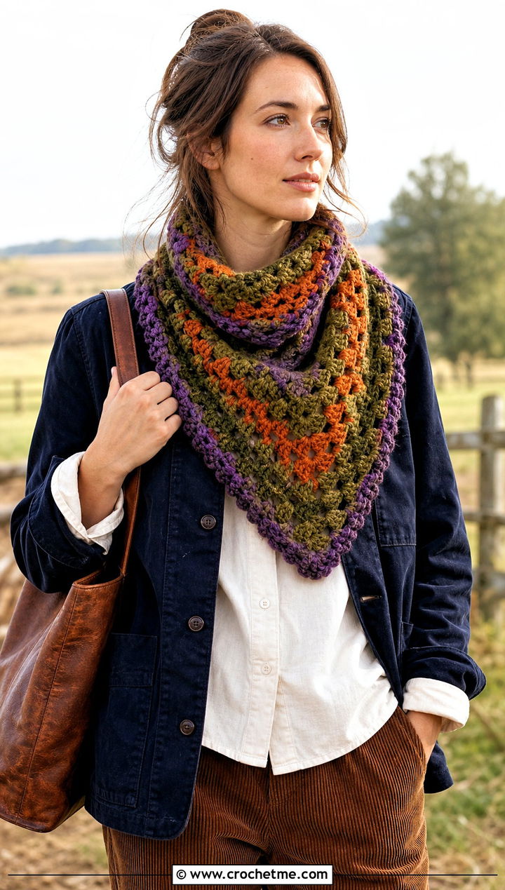 Triangle Granny Square Scarf With Barn Jacket And Corduroy Pants - 30 crochet granny square scarf outfit ideas