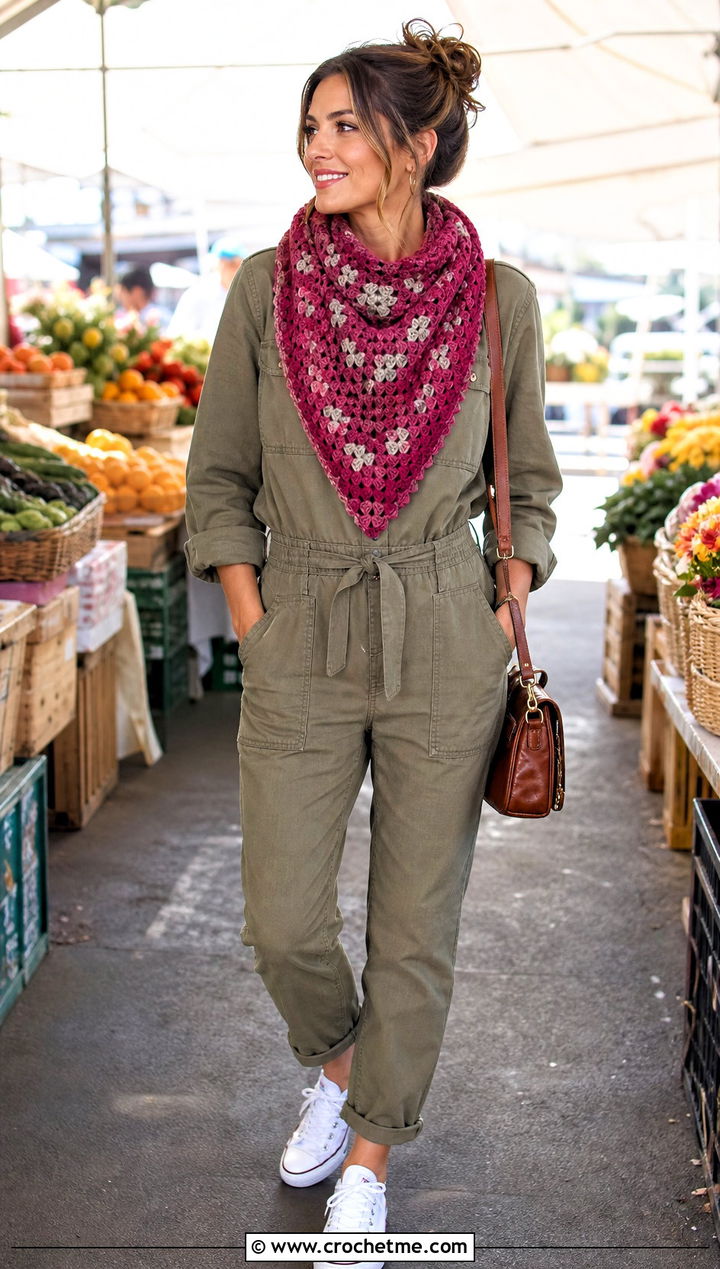 Triangle Granny Square Scarf With Utility Jumpsuit - 25 granny square scarves outfit ideas