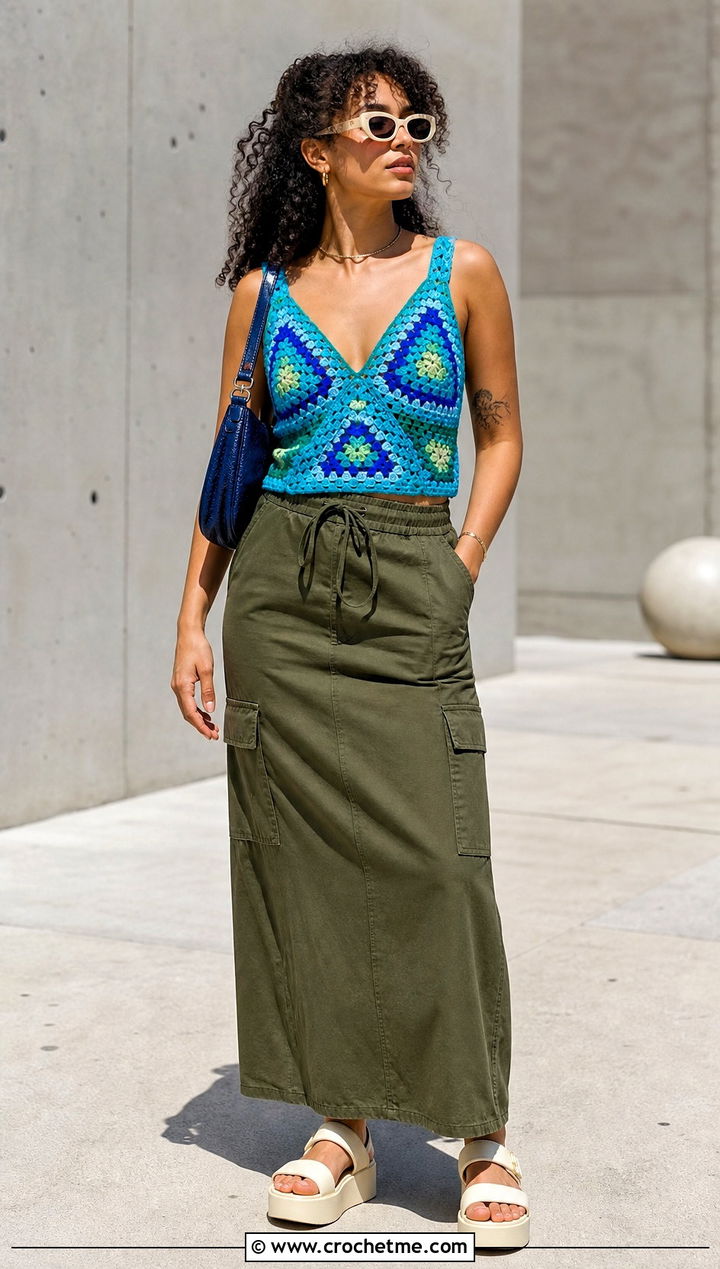 Triangle Granny Square Tank Top With Cargo Maxi Skirt - 30 triangle granny square top outfit ideas